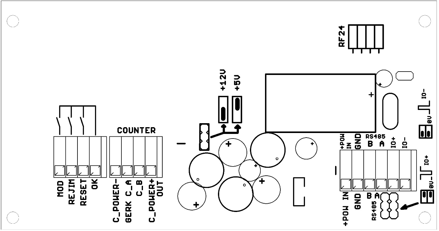 Схема платы EFD: кнопки MOD/REJIM/RESET/OK, терминал COUNTER, перемычки напряжения +12V/+5V, основной терминал питания и RS485, разъём RF24