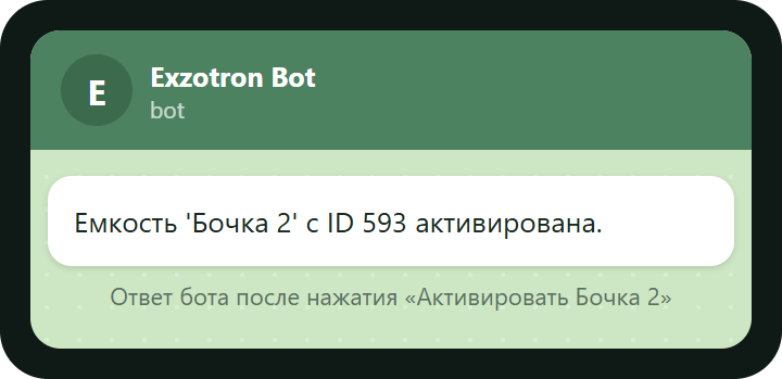 Telegram: ответ бота «Емкость активирована» (макет)