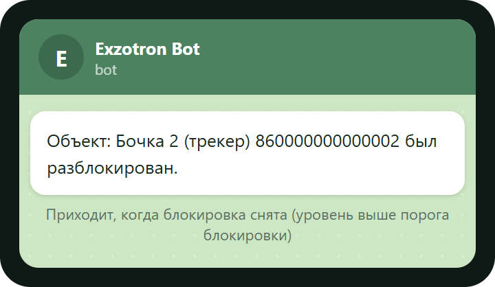 Telegram: сообщение «Объект разблокирован» (макет)