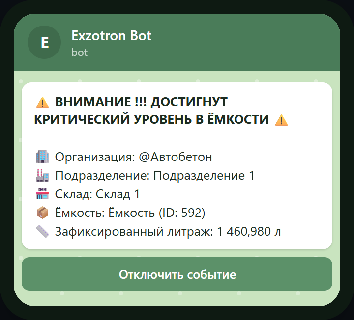 Telegram: предупреждение о критическом уровне с кнопкой «Отключить событие»