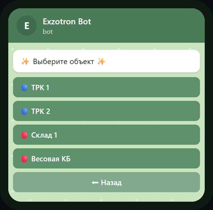 Telegram-бот: список объектов для активации задания, синий и красный индикатор