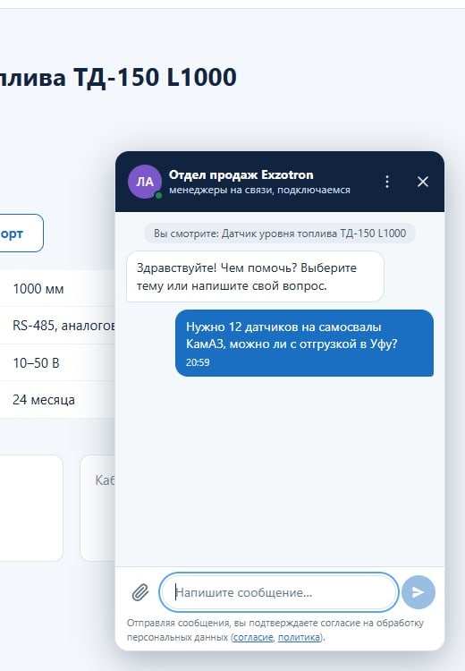 Сообщение отправлено, менеджер ещё не подключился