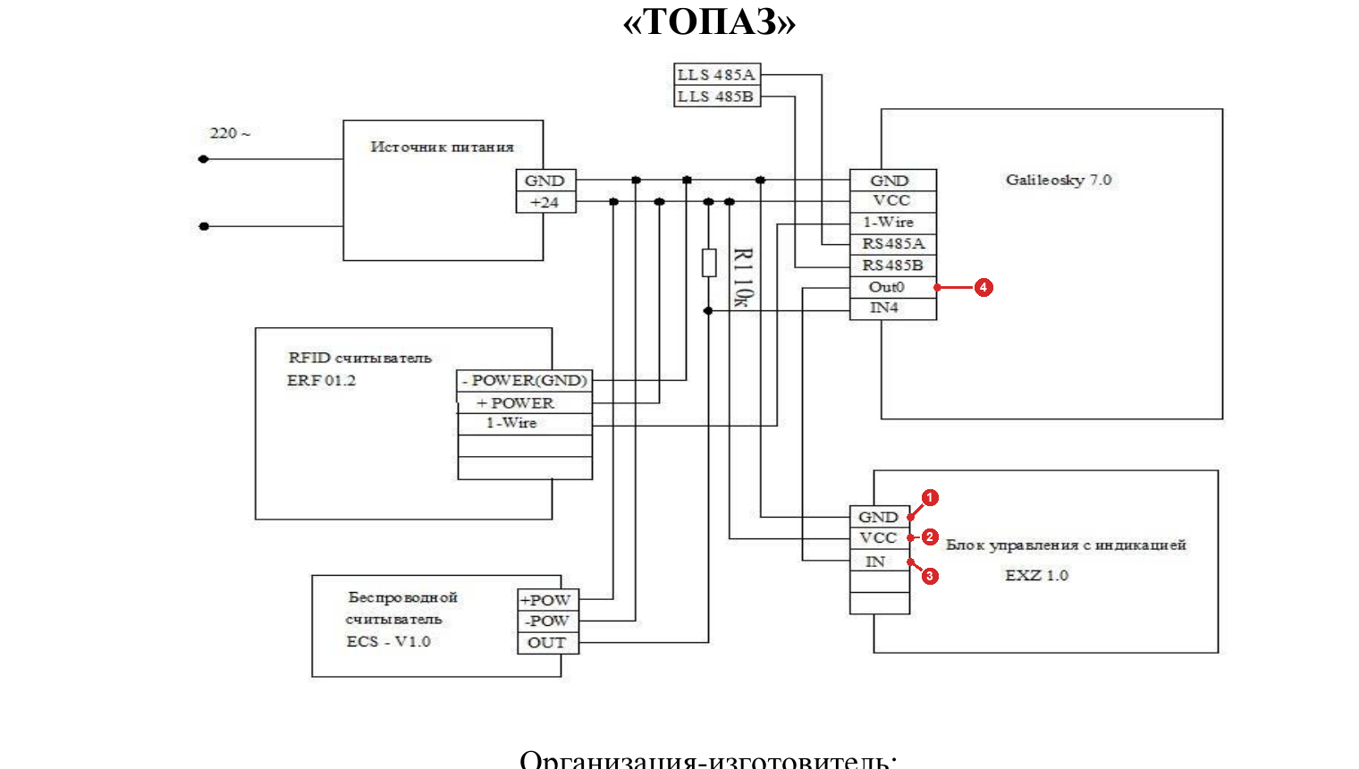 Схема подключения EXZ 1.0 к Galileosky 7.0 и источнику питания 24 В в составе ТРК ТОПАЗ