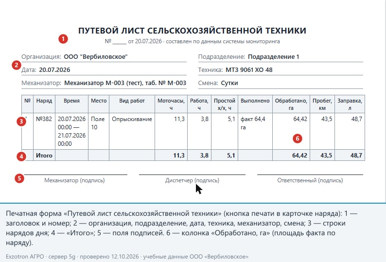 Путевой лист сельскохозяйственной техники