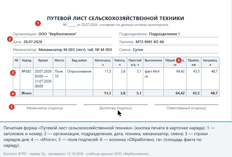 Путевой лист сельхозтехники