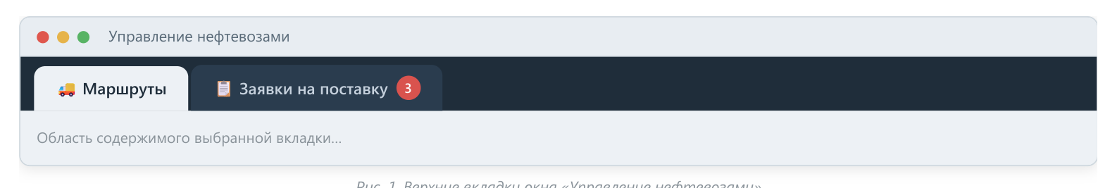 Верхние вкладки окна «Управление нефтевозами»