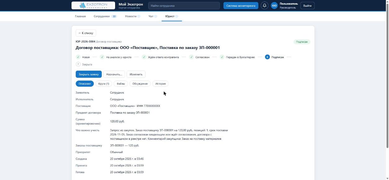 Заявка «Договор поставщика»: поставщик, предмет, сумма и связанные заказы