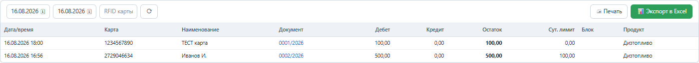 Журнал операций: период по умолчанию — сутки; печать/экспорт — по выбранной карте.